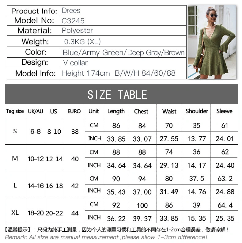 Fall Clothing for Women Sexy V-Neck Knit Dress Ladies Solid Color Dress Wholesale Apparel Stock